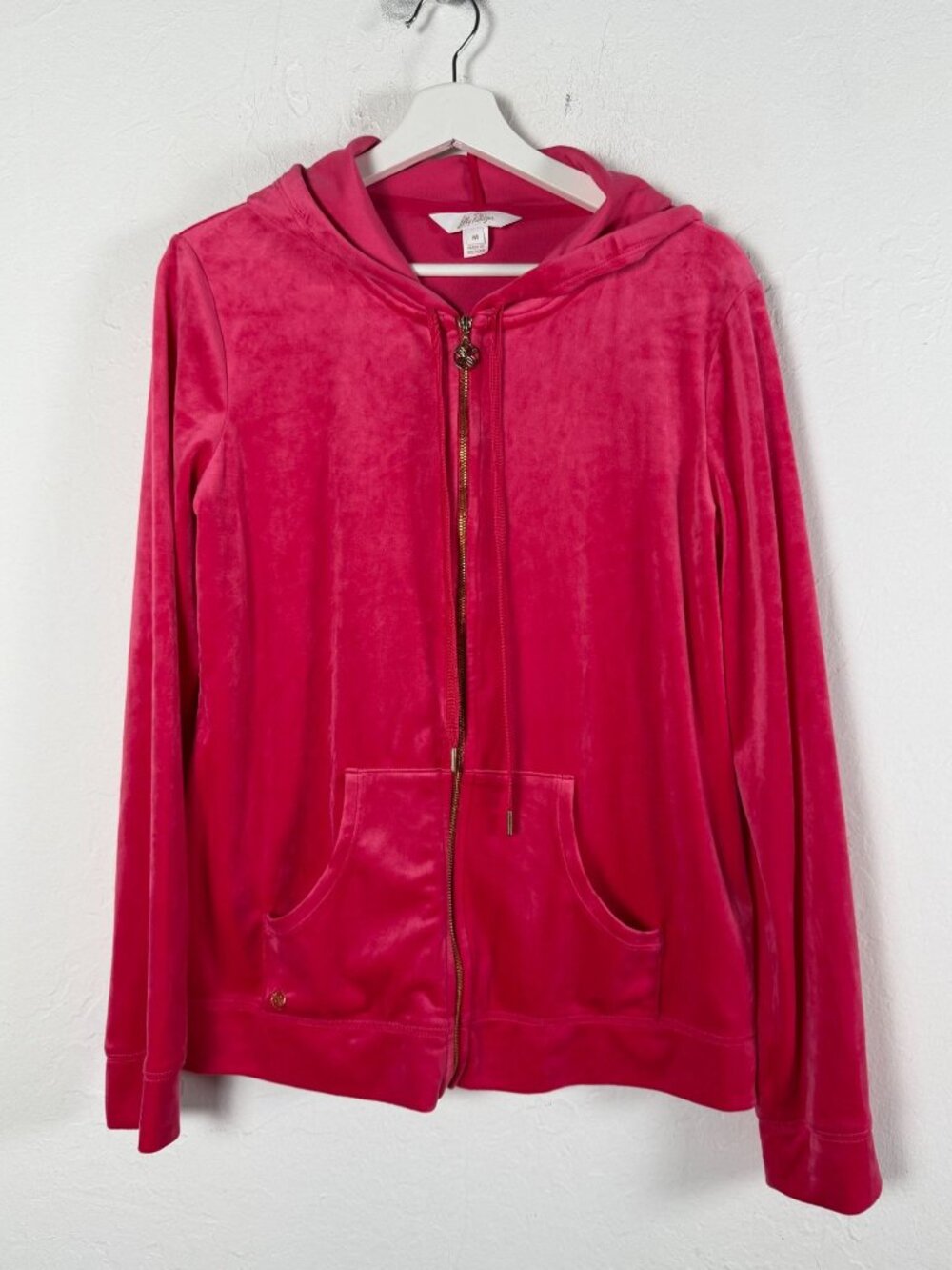 Lilly Pulitzer Velour Hoodie Womens Medium Pink Full Zip Lounge Jacket Pockets